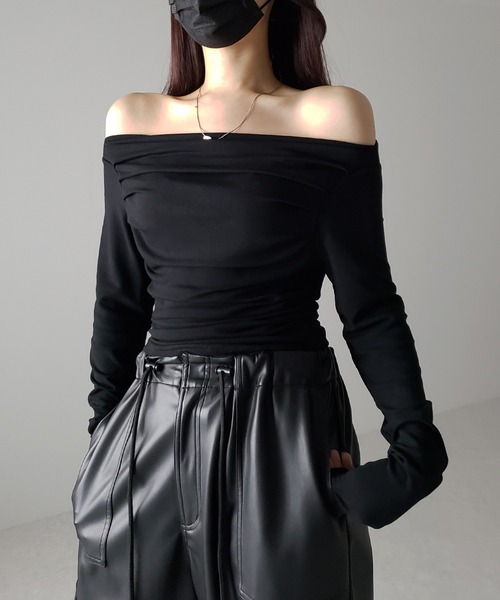 3color 】タックデザインドレープオフショルダートップス（T