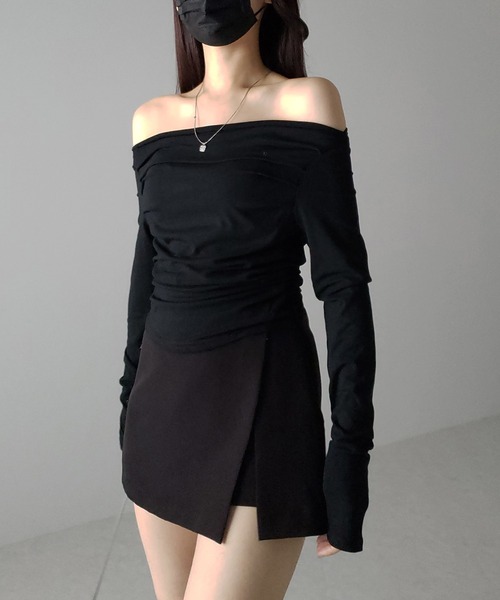 3color 】タックデザインドレープオフショルダートップス（T