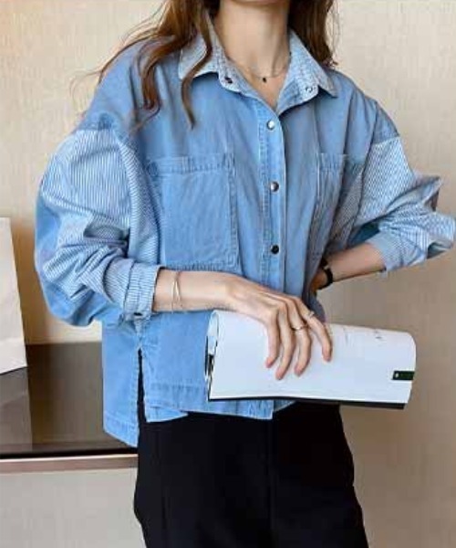 N.s(エヌドットエス)の「ストライプ 切り替えデニムシャツ(シャツ/ブラウス・レディース・ライトブルー/ブルー・S/M/L)」の5枚目の写真