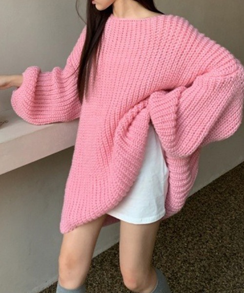 セール】ベルト付きバルーンスリーブルーズニット/オーバーサイズ