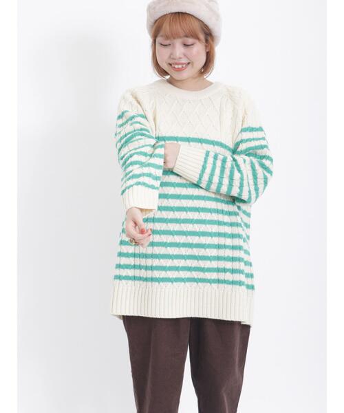 Samansa Mos2（サマンサ モスモス）の「無地/ボーダーウール混プルオーバーニット（ニット/セーター・レディース・オレンジ/ブラック/オフホワイト/グリーン/ベージュ・F）」の6枚目の写真