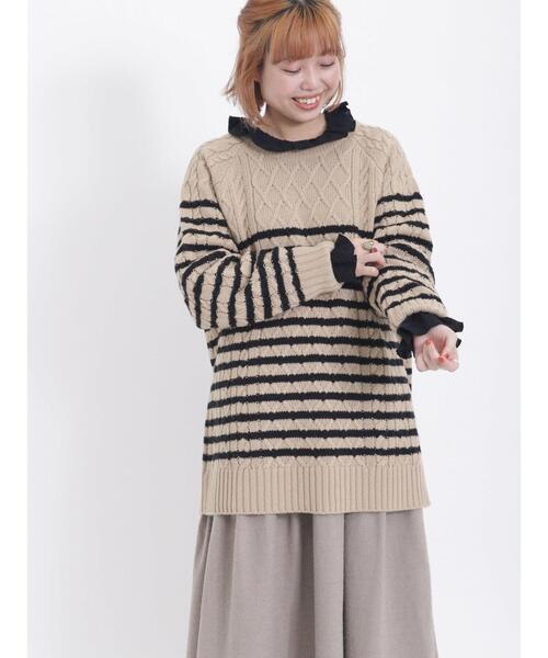 Samansa Mos2（サマンサ モスモス）の「無地/ボーダーウール混プルオーバーニット（ニット/セーター・レディース・オレンジ/ブラック/オフホワイト/グリーン/ベージュ・F）」の12枚目の写真