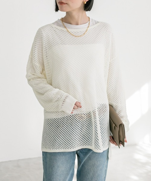 RIVE DROITE（リヴドロワ）の「ツイルメッシュニット（ニット/セーター・レディース・オレンジ/モカ/オフホワイト・FREE）」の2枚目の写真