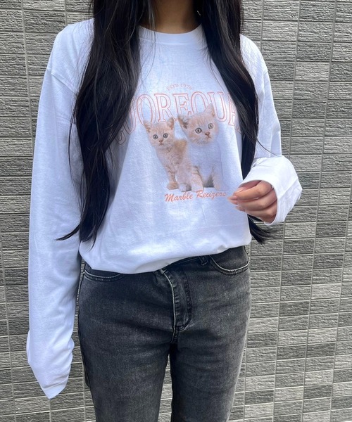 cuorequal(クオレコール)の「子猫オーバーサイズロンT(Tシャツ/カットソー・レディース・ホワイト・M/L)」の5枚目の写真