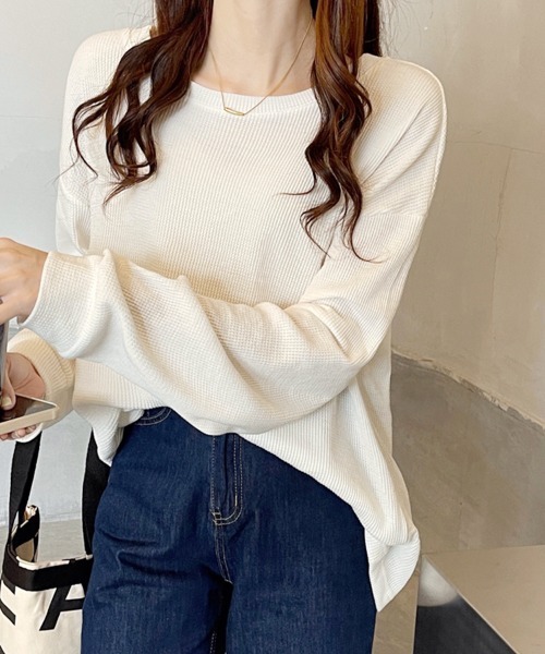 Doux Belle（ドゥーベル）の「ドロップショルダーニットトップス（Tシャツ/カットソー・レディース・ベージュ/ホワイト/ピンク/グレー/ブルー・MEDIUM）」の18枚目の写真