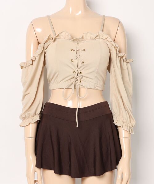 セール】フロント レースアップ オフショル フリル スイムウエア