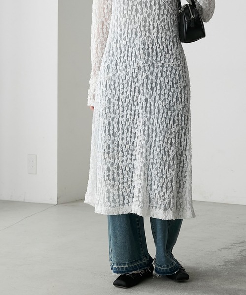 シアー ドレス 長袖 リボン スリット ワンピース 展開 forksy.】フラワーレースメロー切り替えシアースリット