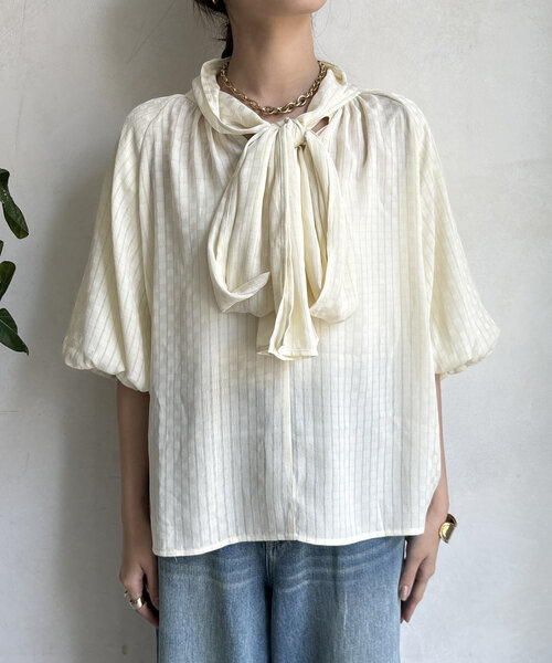 DouDou(ドゥドゥ)の「【WEB限定】シアーチェック棒タイブラウス(シャツ/ブラウス・レディース・アイボリー/ブラック・FREE)」の14枚目の写真