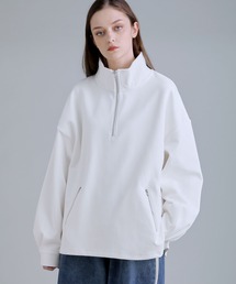 バルーンスリーブドレープコットンポンチハーフジップカットソー