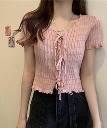 VネックリボンTシャツ