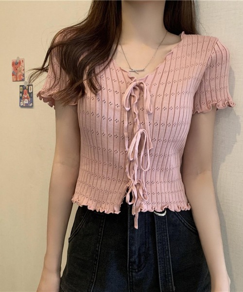 MAISON DE THERESE(メゾン ド テレーズ)の「VネックリボンTシャツ(ニット/セーター・レディース・ブラック/ブルー/イエロー/ピンク/ホワイト・FREE)」の5枚目の写真