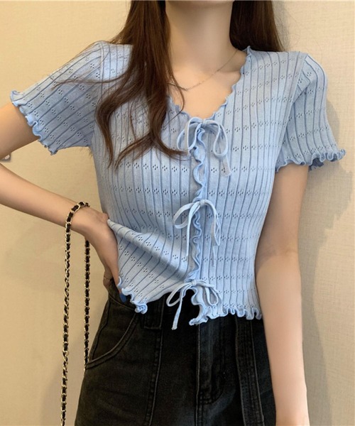 MAISON DE THERESE(メゾン ド テレーズ)の「VネックリボンTシャツ(ニット/セーター・レディース・ブラック/ブルー/イエロー/ピンク/ホワイト・FREE)」の3枚目の写真