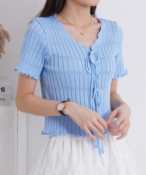 MAISON DE THERESE(メゾン ド テレーズ)の「VネックリボンTシャツ(ニット/セーター・レディース・ブラック/ブルー/イエロー/ピンク/ホワイト・FREE)」の10枚目の写真