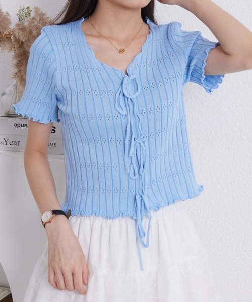 MAISON DE THERESE(メゾン ド テレーズ)の「VネックリボンTシャツ(ニット/セーター・レディース・ブラック/ブルー/イエロー/ピンク/ホワイト・FREE)」の11枚目の写真