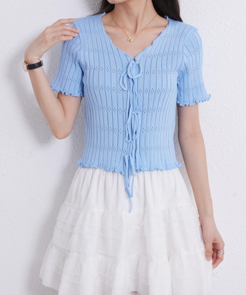 MAISON DE THERESE(メゾン ド テレーズ)の「VネックリボンTシャツ(ニット/セーター・レディース・ブラック/ブルー/イエロー/ピンク/ホワイト・FREE)」の14枚目の写真