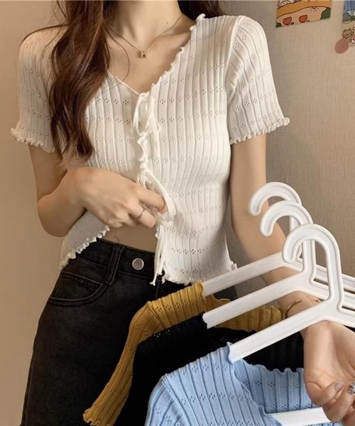 MAISON DE THERESE(メゾン ド テレーズ)の「VネックリボンTシャツ(ニット/セーター・レディース・ブラック/ブルー/イエロー/ピンク/ホワイト・FREE)」の22枚目の写真
