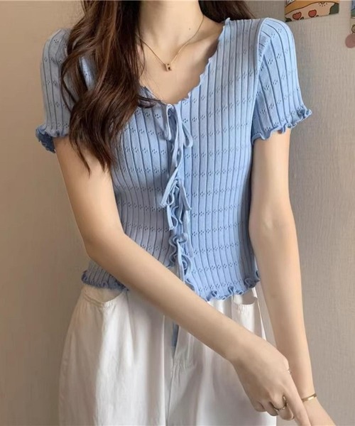 MAISON DE THERESE(メゾン ド テレーズ)の「VネックリボンTシャツ(ニット/セーター・レディース・ブラック/ブルー/イエロー/ピンク/ホワイト・FREE)」の8枚目の写真