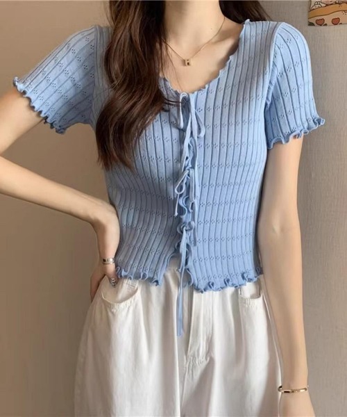 MAISON DE THERESE(メゾン ド テレーズ)の「VネックリボンTシャツ(ニット/セーター・レディース・ブラック/ブルー/イエロー/ピンク/ホワイト・FREE)」の7枚目の写真