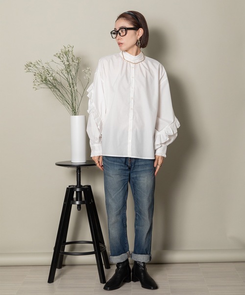 MHBG TOKYO（エムエイチビージートーキョー）の「ラッフルフリル袖シャツ（シャツ/ブラウス・レディース・ホワイト/ブラック・FREE）」の4枚目の写真