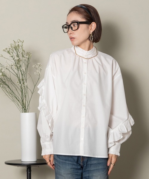 MHBG TOKYO（エムエイチビージートーキョー）の「ラッフルフリル袖シャツ（シャツ/ブラウス・レディース・ホワイト/ブラック・FREE）」の9枚目の写真