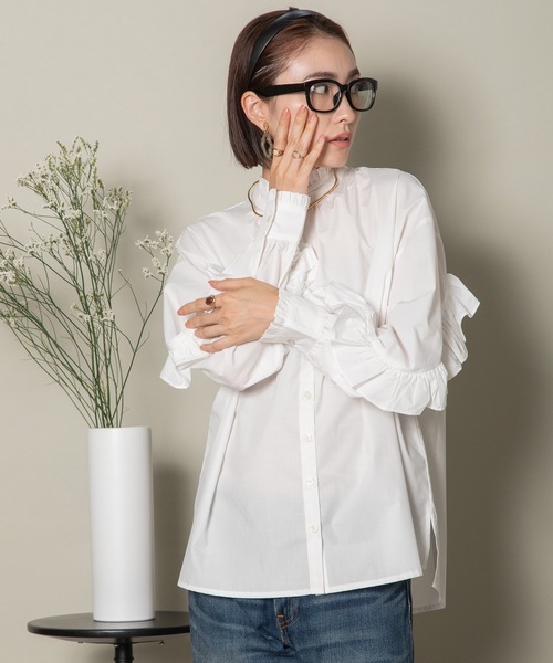 MHBG TOKYO（エムエイチビージートーキョー）の「ラッフルフリル袖シャツ（シャツ/ブラウス・レディース・ホワイト/ブラック・FREE）」の8枚目の写真