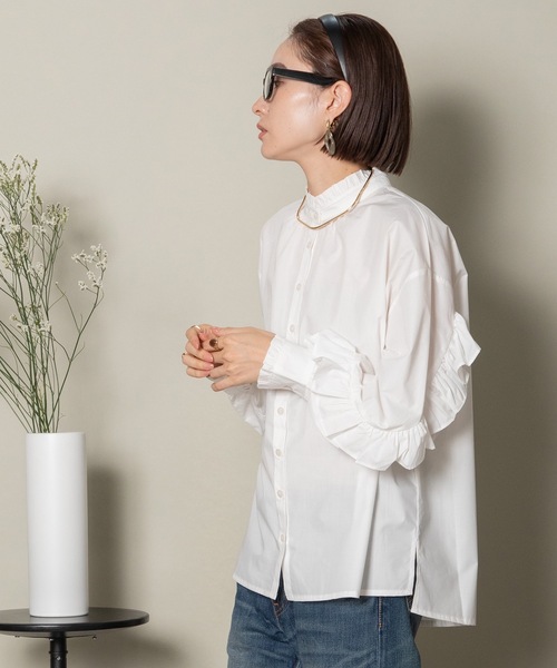 MHBG TOKYO（エムエイチビージートーキョー）の「ラッフルフリル袖シャツ（シャツ/ブラウス・レディース・ホワイト/ブラック・FREE）」の7枚目の写真