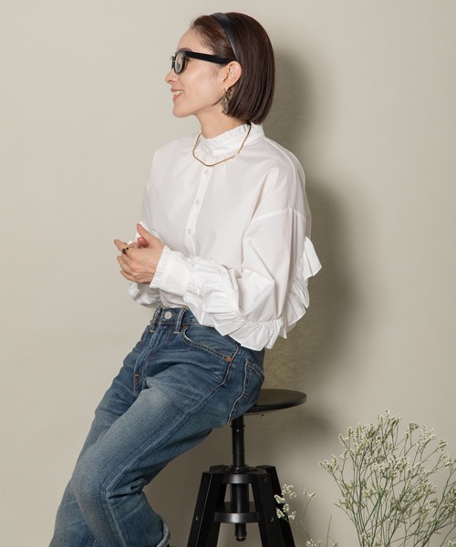 MHBG TOKYO（エムエイチビージートーキョー）の「ラッフルフリル袖シャツ（シャツ/ブラウス・レディース・ホワイト/ブラック・FREE）」の13枚目の写真