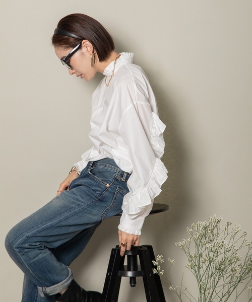 MHBG TOKYO（エムエイチビージートーキョー）の「ラッフルフリル袖シャツ（シャツ/ブラウス・レディース・ホワイト/ブラック・FREE）」の11枚目の写真