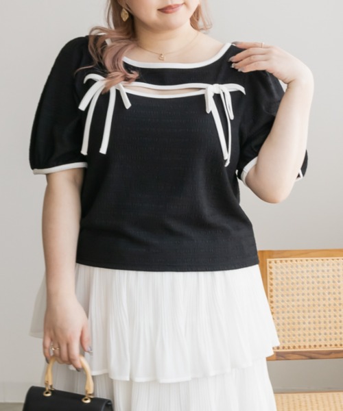 デコルテスリット配色リボンプルオーバー（Tシャツ/カットソー）｜CLETTE（クレット）