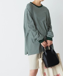 forksy. | 【forksy.】配色リブボーダー柄オーバーサイズロングTシャツ(Tシャツ/カットソー)