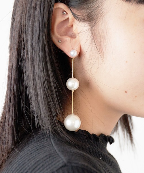 セール】3連 パールロングピアス 両耳用（ピアス（両耳用