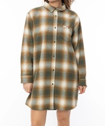 RVCA レディース TWILL CHECK DRESS 長袖シャツ/ルーカ胸ポケットチェック柄ロング丈長袖シャツ