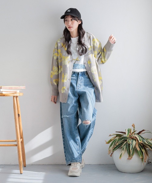 LOWRYS FARM（ローリーズファーム）の「フラワージャガードカーディガン 308781（カーディガン/ボレロ・レディース・グレー/アイボリー/ネイビー・LONG/SHORT）」の15枚目の写真