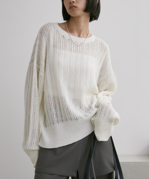 クルーネックシアーメッシュトップス（ニット/セーター）｜Aunt
