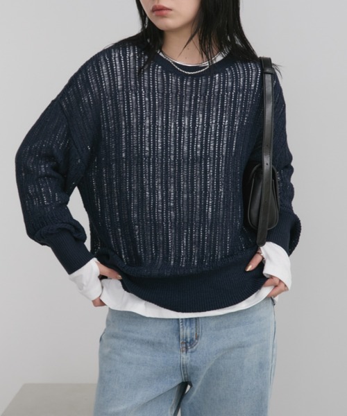 セール】クルーネックシアーメッシュトップス（ニット/セーター