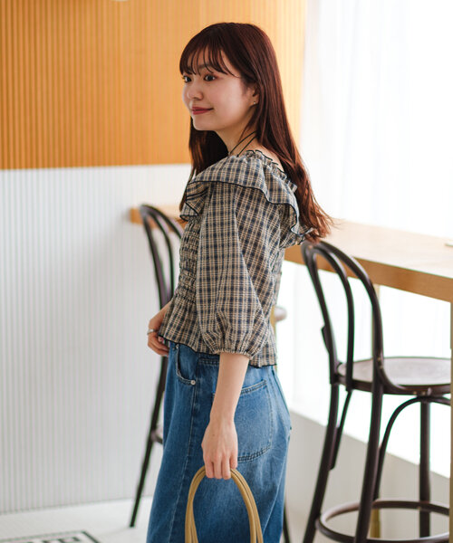 ブラウス シャツ 「無地＆チェック/2WAY/4色展開」シャーリングオフショルブラウス レディース セール】【無地&チェック/2WAY/4色展開】シャーリングオフショル