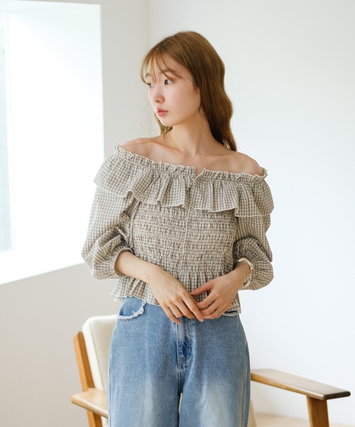 女性が喜ぶ♪ 無地&チェック/2WAY/4色展開】シャーリングオフショルブラウス トップス