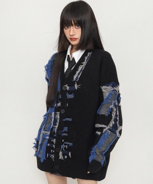 セール】ダメージ加工フリンジデザインカーディガン（カーディガン