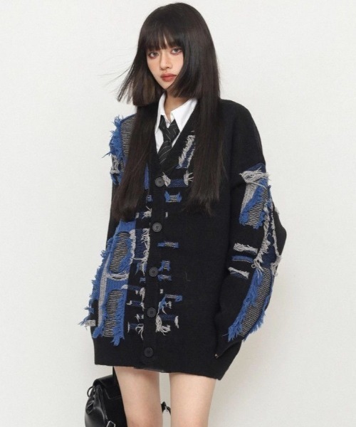 セール】ダメージ加工フリンジデザインカーディガン（カーディガン