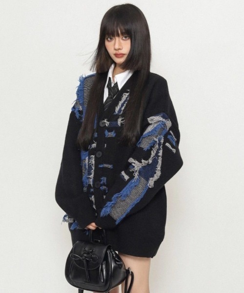 セール】ダメージ加工フリンジデザインカーディガン（カーディガン