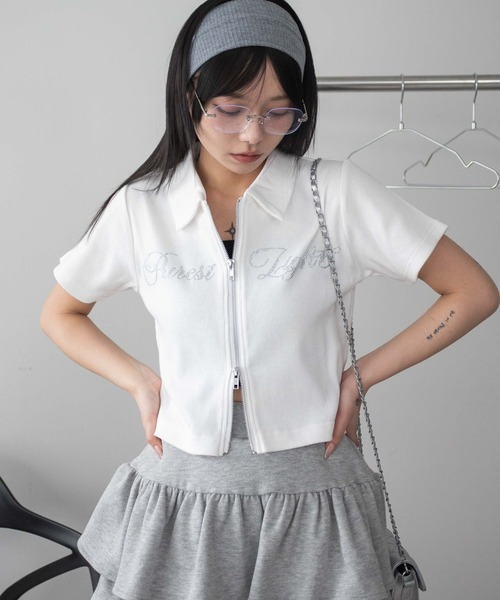 トップス STONE  セール】WEGO/【25年春夏新作】ラインストーンロゴWZIPトップス