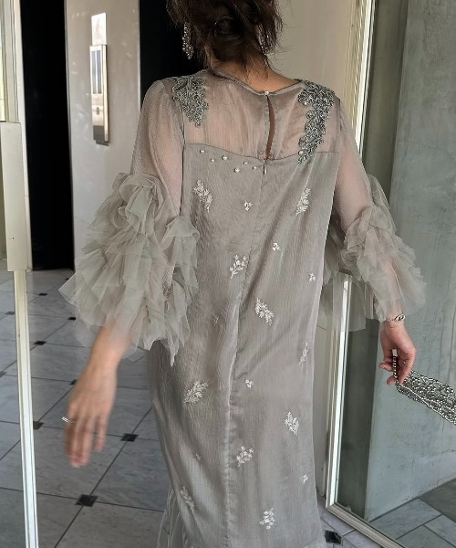 hem tiered volume sleeve embroidery OP（ワンピース