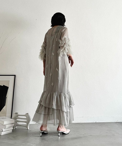 hem tiered volume sleeve embroidery OP（ワンピース