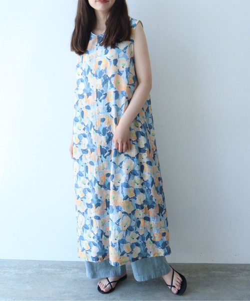 △水彩花プリント ノースリーブフレアワンピース（ワンピース