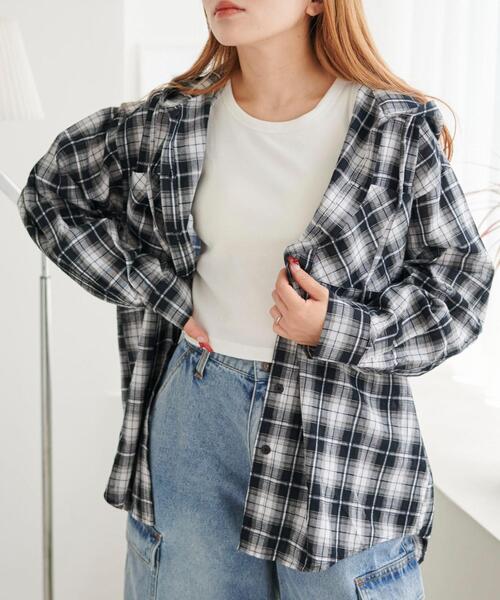 WEGO（ウィゴー）の「WEGO/フードチェックBIGシャツ（シャツ/ブラウス・レディース・ブラウン/ブラック・FREE）」の2枚目の写真