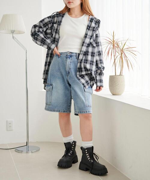 WEGO（ウィゴー）の「WEGO/フードチェックBIGシャツ（シャツ/ブラウス・レディース・ブラウン/ブラック・FREE）」の4枚目の写真