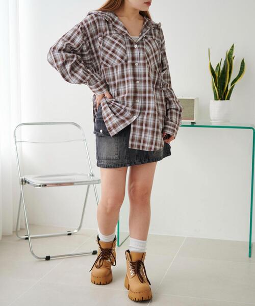 WEGO（ウィゴー）の「WEGO/フードチェックBIGシャツ（シャツ/ブラウス・レディース・ブラウン/ブラック・FREE）」の12枚目の写真