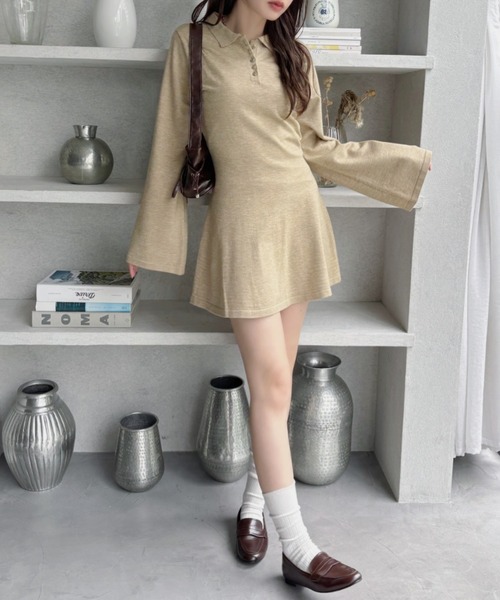 ワンピース ボタン ソリッドフレア 5分袖 ミニ S/XL 2colors 25AW 先行予約】金ボタン 衿付きフレアスリーブ ニット