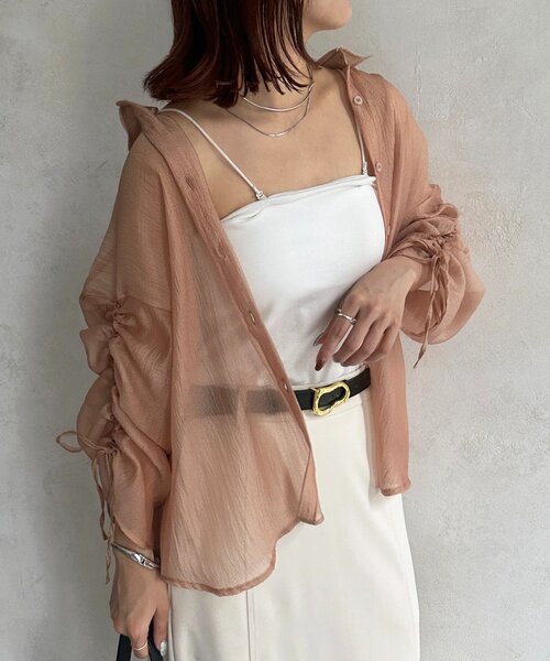 セール】ラメワッシャー袖シャーリングシアーシャツ（シャツ