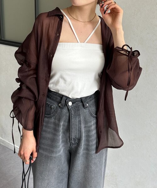 ブラウス シャツ ラメワッシャー袖シャーリングシアーシャツ レディース Thevon ブラウス シャツ ラメワッシャー袖シャーリングシアー
